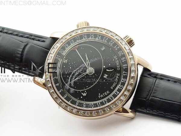 6104P Moon RG Black Dial Diamond Bezel on Black Leather Strap A240 - Image 2