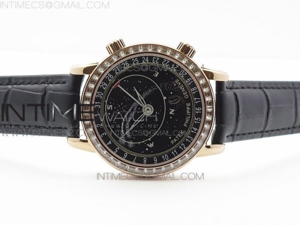 6104P Moon RG Black Dial Diamond Bezel on Black Leather Strap A240 - Image 3