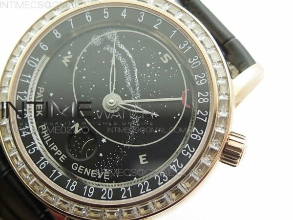 6104P Moon RG Black Dial Diamond Bezel on Black Leather Strap A240 - Image 4