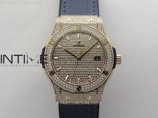 Classic Fusion 42mm RG Paved Diamonds Case And Bezel B50F Paved Diamonds Dial On Blue Gummy Strap A2892