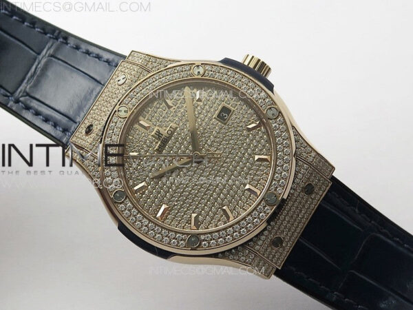 Classic Fusion 42mm RG Paved Diamonds Case And Bezel B50F Paved Diamonds Dial On Blue Gummy Strap A2892 - Image 2