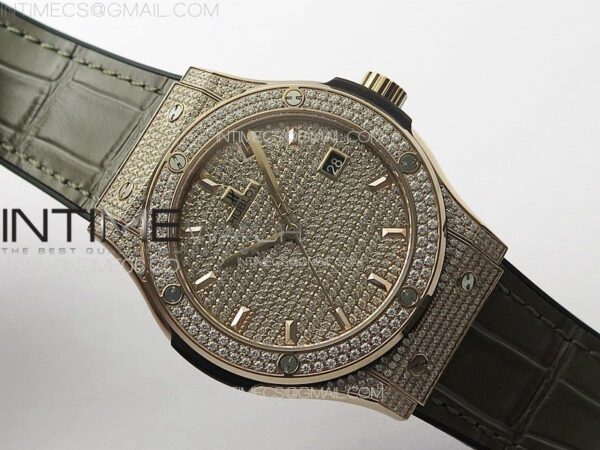 Classic Fusion 42mm RG Paved Diamonds Case And Bezel B50F Paved Diamonds Dial On Gray Gummy Strap A2892 - Image 2