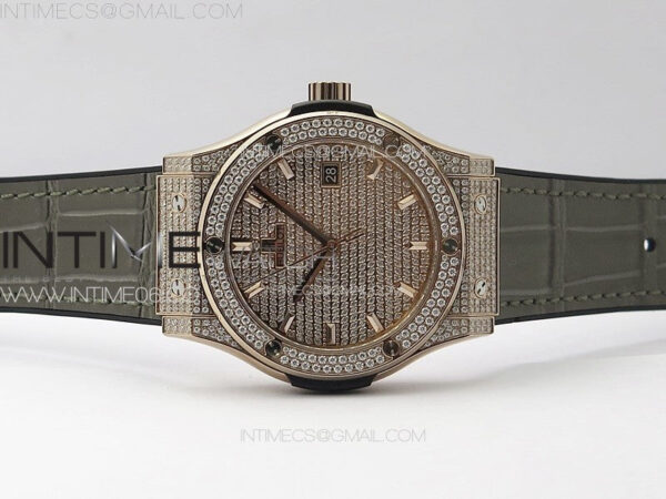 Classic Fusion 42mm RG Paved Diamonds Case And Bezel B50F Paved Diamonds Dial On Gray Gummy Strap A2892 - Image 3