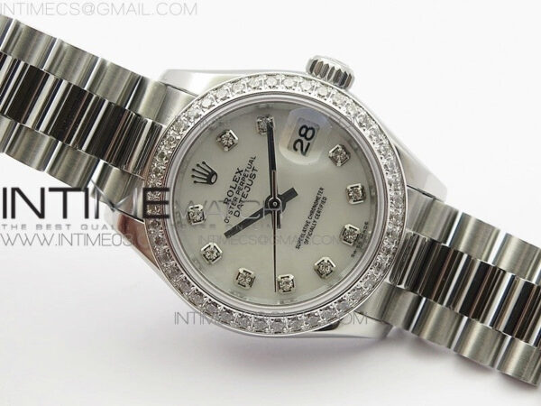 DateJust 28mm SS Diamond Bezel BP Best Edition White MOP Dial on SS Bracelet ETA2671 - Image 2