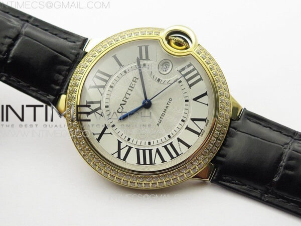 Ballon Bleu 42mm Double Diamonds Bezel RG K3F 1:1 Best Edition White Texture Dial on Black Leather Strap A2824 - Image 2