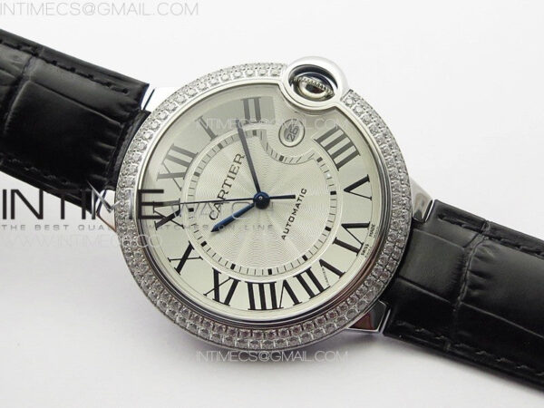 Ballon Bleu 42mm Diamonds Bezel SS K3F 1:1 Best Edition White Texture Dial on Black Leather Strap A2824 - Image 2
