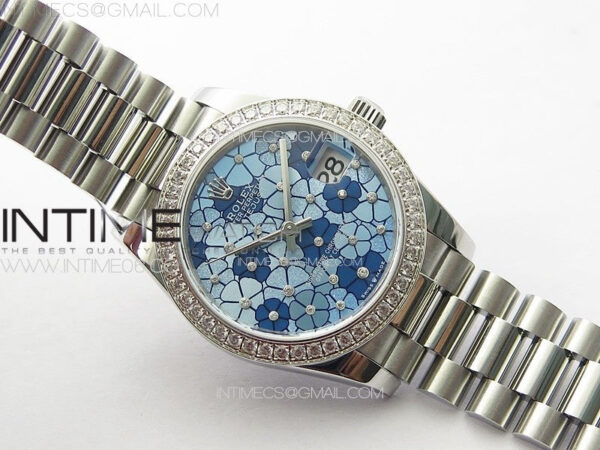 DateJust 31mm 278274 904L SS/Crystals Bezel GMF Best Edition Blue Flowers Crystals Dial on 904L President Bracelet A2824 - Image 2