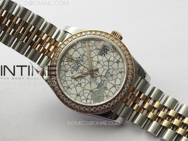 DateJust 31mm 278274 904L SS/RG Crystals Bezel GMF Best Edition Silver Flowers Crystals Dial on 904L SS/RG Jubilee Bracelet A2824 - Image 2