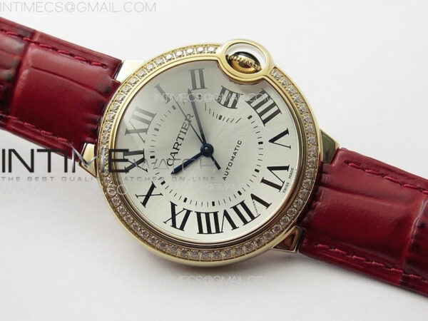 Ballon Bleu 36mm Diamonds Bezel RG K3F 1:1 Best Edition White Textured Dial On Red Leather Strap A076 - Image 2