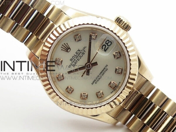 DateJust 28mm RG Diamond Bezel BP Best Edition White MOP Dial on RG Bracelet ETA2671 - Image 2