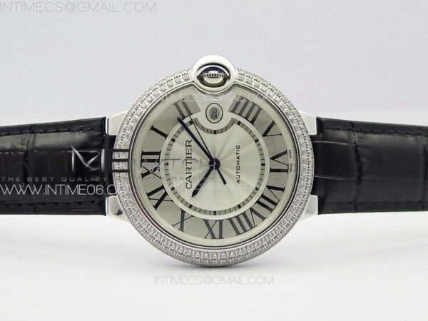 Ballon Bleu 42mm Diamonds Bezel SS K3F 1:1 Best Edition White Texture Dial on Black Leather Strap A2824 - Image 3