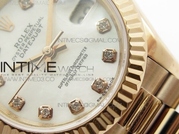 DateJust 28mm RG Diamond Bezel BP Best Edition White MOP Dial on RG Bracelet ETA2671 - Image 4