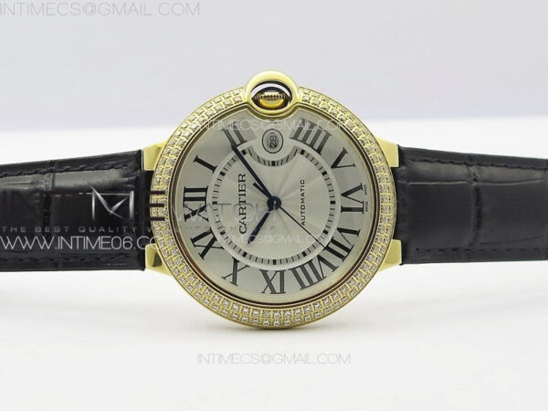 Ballon Bleu 42mm Double Diamonds Bezel RG K3F 1:1 Best Edition White Texture Dial on Black Leather Strap A2824 - Image 3