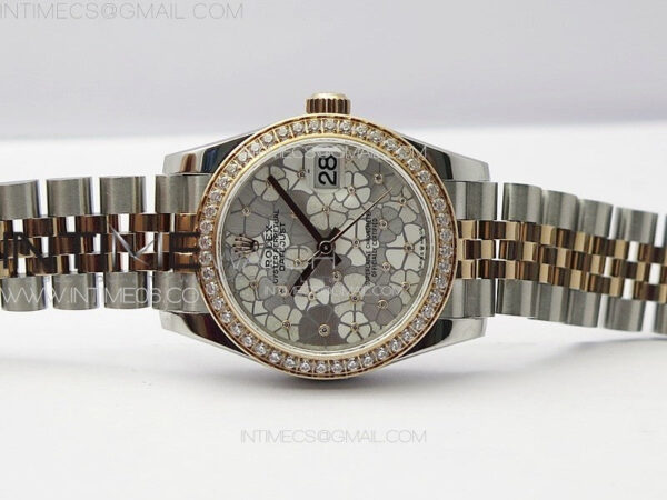 DateJust 31mm 278274 904L SS/RG Crystals Bezel GMF Best Edition Silver Flowers Crystals Dial on 904L SS/RG Jubilee Bracelet A2824 - Image 3