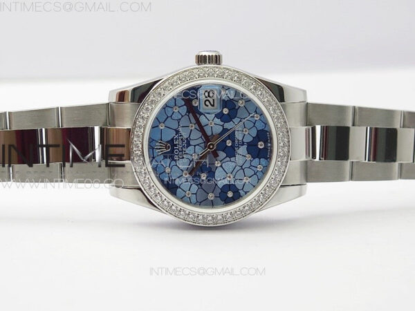 DateJust 31mm 278274 904L SS/Crystals Bezel GMF Best Edition Blue Flowers Crystals Dial on 904L Oyster Bracelet A2824 - Image 3