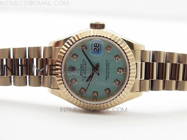 DateJust 28mm RG Diamond Bezel BP Best Edition Ice blue textured Dial on RG Bracelet ETA2671 - Image 3