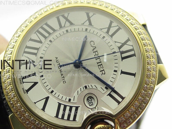 Ballon Bleu 42mm Double Diamonds Bezel RG K3F 1:1 Best Edition White Texture Dial on Black Leather Strap A2824 - Image 4