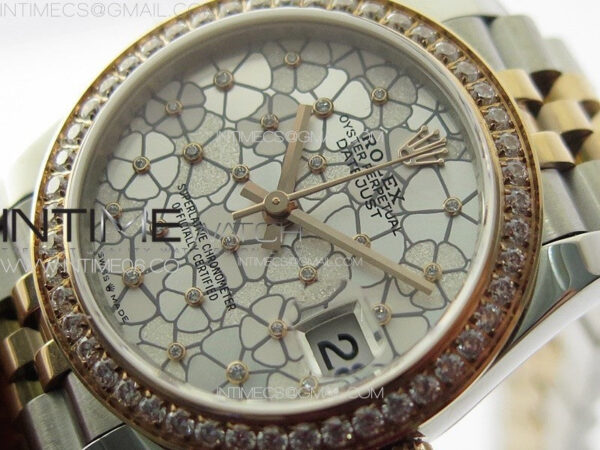 DateJust 31mm 278274 904L SS/RG Crystals Bezel GMF Best Edition Silver Flowers Crystals Dial on 904L SS/RG Jubilee Bracelet A2824 - Image 4