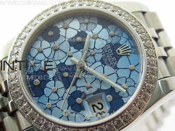 DateJust 31mm 278274 904L SS/Crystals Bezel GMF Best Edition Blue Flowers Crystals Dial on 904L Jubilee Bracelet A2824 - Image 3