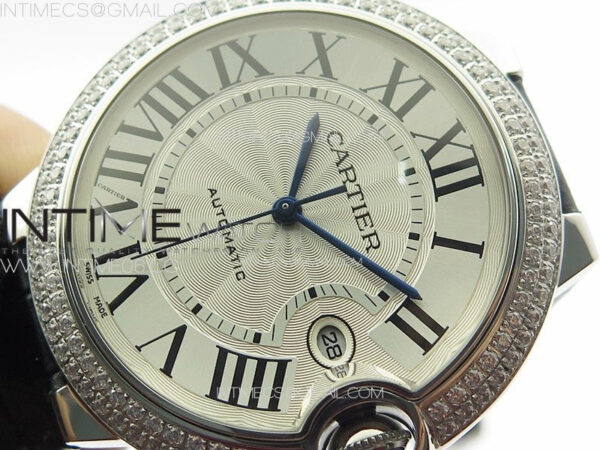 Ballon Bleu 42mm Diamonds Bezel SS K3F 1:1 Best Edition White Texture Dial on Black Leather Strap A2824 - Image 4