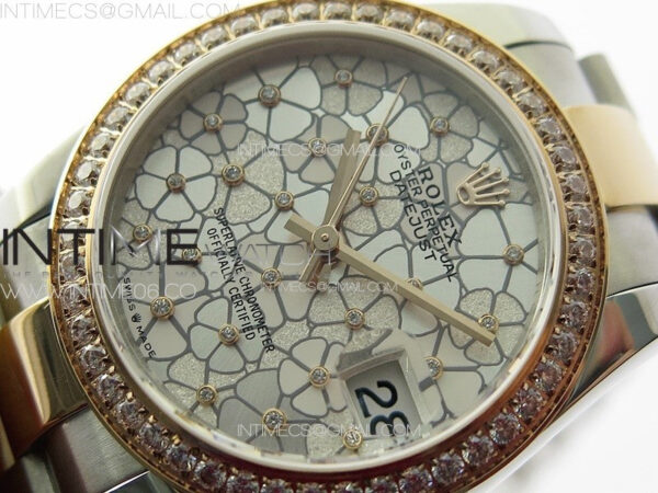 DateJust 31mm 278274 904L SS/RG Crystals Bezel GMF Best Edition Silver Flowers Crystals Dial on 904L SS/RG Oyster Bracelet A2824 - Image 4