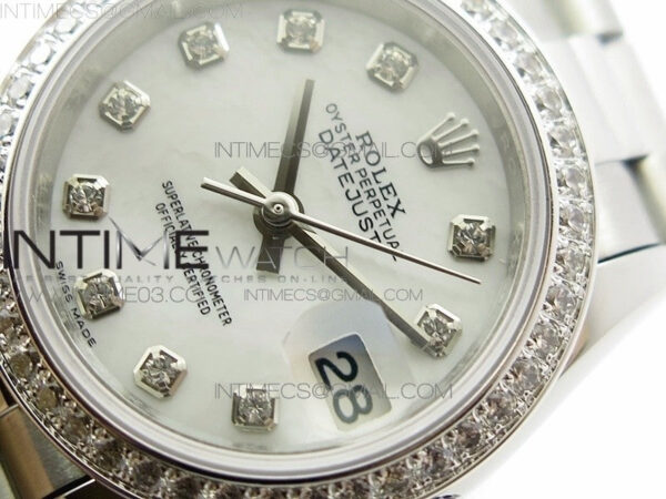 DateJust 28mm SS Diamond Bezel BP Best Edition White MOP Dial on SS Bracelet ETA2671 - Image 4