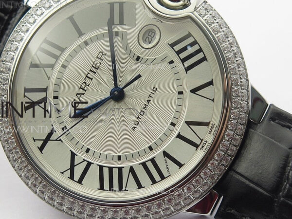 Ballon Bleu 42mm Diamonds Bezel SS K3F 1:1 Best Edition White Texture Dial on Black Leather Strap A2824 - Image 5