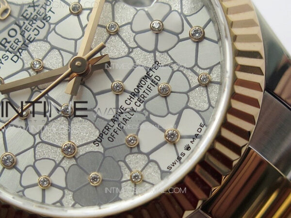 DateJust 31mm 278274 904L SS/RG GMF Best Edition Silver Flowers Crystals Dial on 904L SS/RG Oyster Bracelet A2824 - Image 4