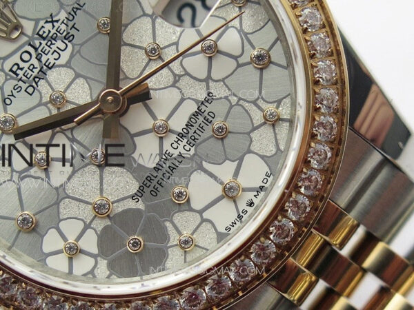 DateJust 31mm 278274 904L SS/RG Crystals Bezel GMF Best Edition Silver Flowers Crystals Dial on 904L SS/RG Jubilee Bracelet A2824 - Image 5