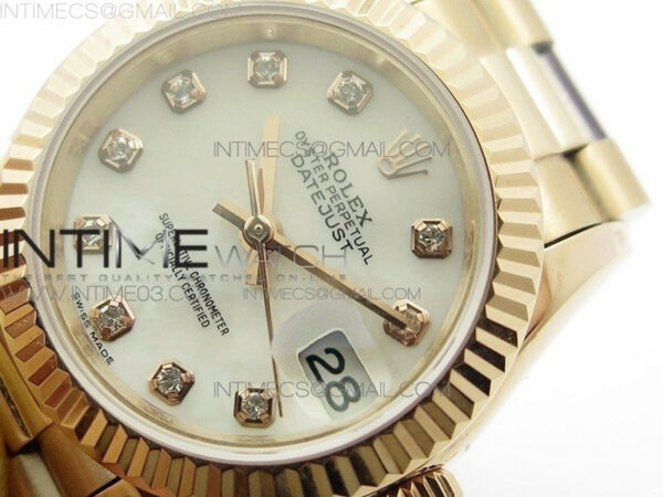 DateJust 28mm RG Diamond Bezel BP Best Edition White MOP Dial on RG Bracelet ETA2671 - Image 5