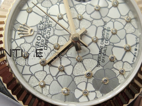DateJust 31mm 278274 904L SS/RG GMF Best Edition Silver Flowers Crystals Dial on 904L SS/RG Jubilee Bracelet A2824 - Image 6