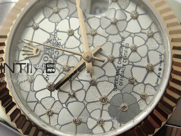 DateJust 31mm 278274 904L SS/RG GMF Best Edition Silver Flowers Crystals Dial on 904L SS/RG Oyster Bracelet A2824 - Image 6