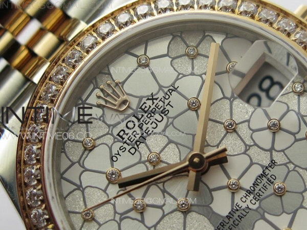 DateJust 31mm 278274 904L SS/RG Crystals Bezel GMF Best Edition Silver Flowers Crystals Dial on 904L SS/RG Jubilee Bracelet A2824 - Image 7