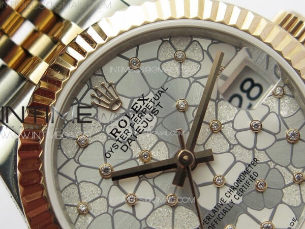 DateJust 31mm 278274 904L SS/RG GMF Best Edition Silver Flowers Crystals Dial on 904L SS/RG Jubilee Bracelet A2824 - Image 10