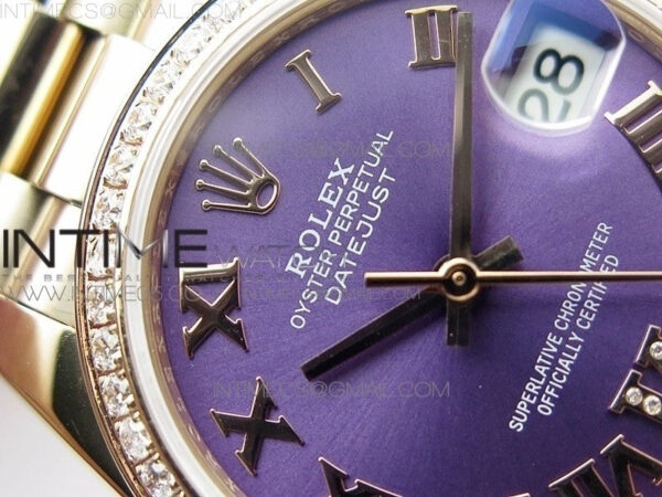Datejust 31mm 278275 RG Dia Bezel BP Best Edition Purple Roman Markers Dial @6 Dia on RG President Bracelet - Image 7