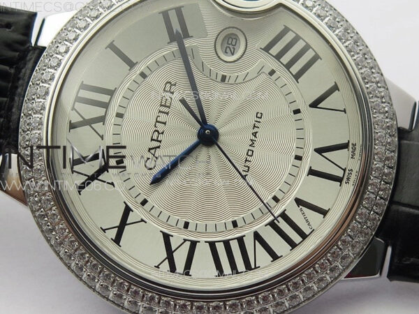 Ballon Bleu 42mm Diamonds Bezel SS K3F 1:1 Best Edition White Texture Dial on Black Leather Strap A2824 - Image 7