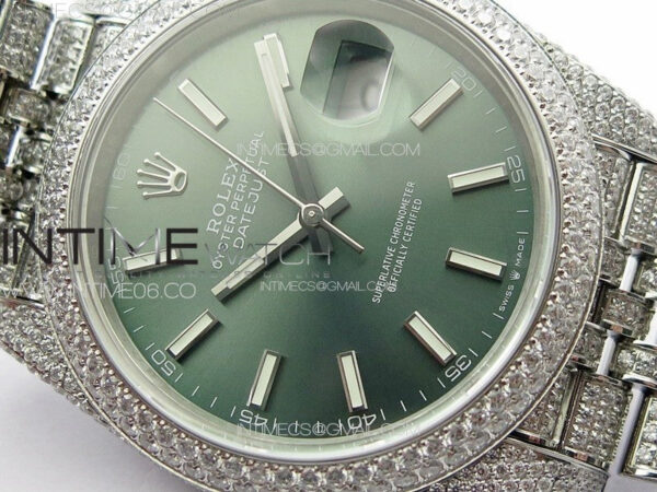 DateJust 41 126334 Full Paved Diamonds BP Best Edition Green Dial Sticks Markers on Jubilee Bracelet A2824 - Image 5