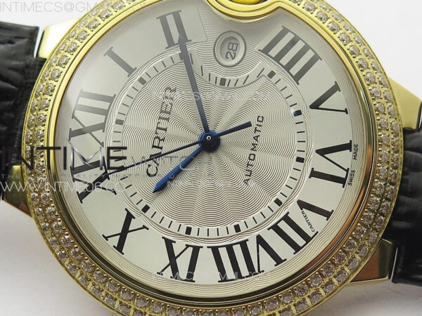 Ballon Bleu 42mm Double Diamonds Bezel RG K3F 1:1 Best Edition White Texture Dial on Black Leather Strap A2824 - Image 7