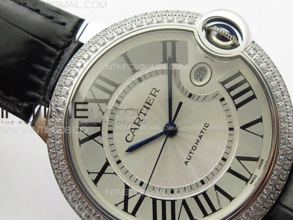 Ballon Bleu 42mm Diamonds Bezel SS K3F 1:1 Best Edition White Texture Dial on Black Leather Strap A2824 - Image 8