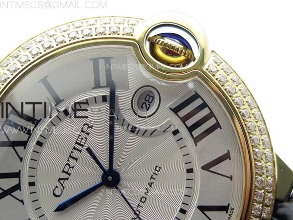 Ballon Bleu 42mm Double Diamonds Bezel RG K3F 1:1 Best Edition White Texture Dial on Black Leather Strap A2824 - Image 9