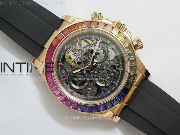 Blacken Daytona RG Rainbow Bezel GETF Best Edition Skeleton Dial on Rubber Strap SA4130 - Image 9