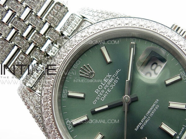 DateJust 41 126334 Full Paved Diamonds BP Best Edition Green Dial Sticks Markers on Jubilee Bracelet A2824 - Image 9