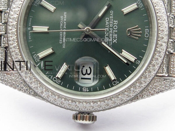 DateJust 41 126334 Full Paved Diamonds BP Best Edition Green Dial Sticks Markers on Jubilee Bracelet A2824 - Image 11