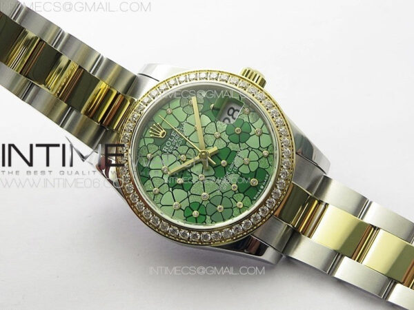 DateJust 31mm 278274 904L SS/YG Crystals Bezel GMF Best Edition Green Flowers Crystals Dial on 904L SS/YG Oyster Bracelet A2824 - Image 4