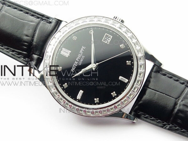 Calatrava 5298P-012 SS T Crystal Bezel ZF 1:1 Best Edition Black Dial on Black Leather Strap A324CS - Image 2