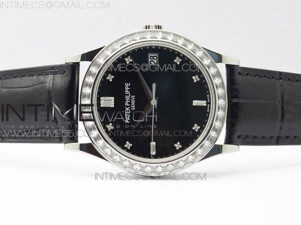 Calatrava 5298P-012 SS T Crystal Bezel ZF 1:1 Best Edition Black Dial on Black Leather Strap A324CS - Image 3