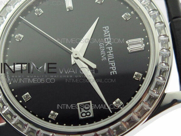 Calatrava 5298P-012 SS T Crystal Bezel ZF 1:1 Best Edition Black Dial on Black Leather Strap A324CS - Image 4