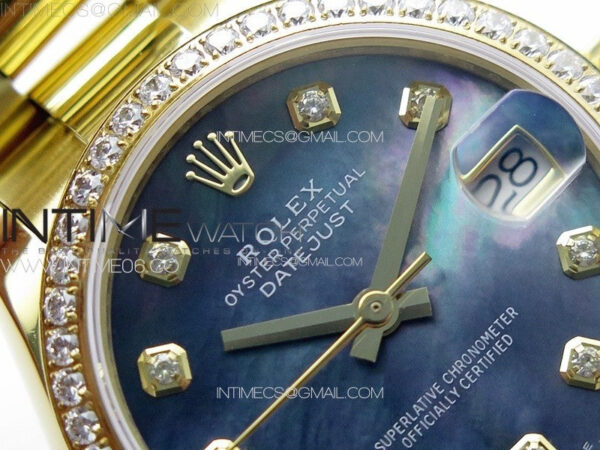 DateJust 31mm YG/Crystals Bezel APSF Best Edition Blue MOP Dial Crystals Markers on President Bracelet A2824 - Image 8