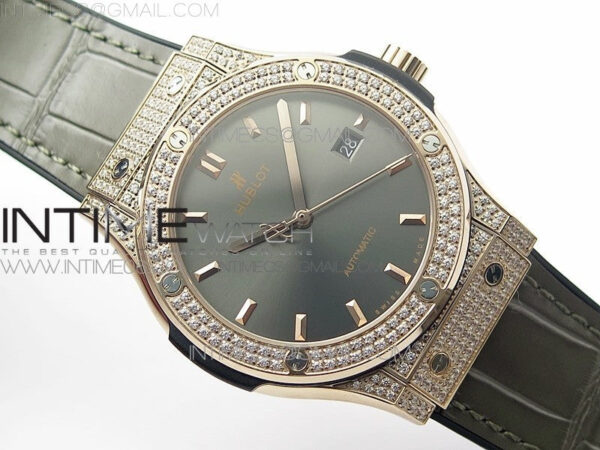 Classic Fusion 42mm RG Paved Diamonds Case/Bezel B50F Gray Dial On Gray Gummy Strap A2892 - Image 2