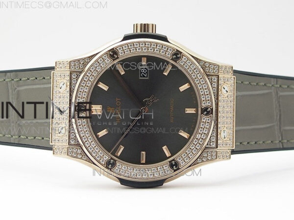 Classic Fusion 42mm RG Paved Diamonds Case/Bezel B50F Gray Dial On Gray Gummy Strap A2892 - Image 3